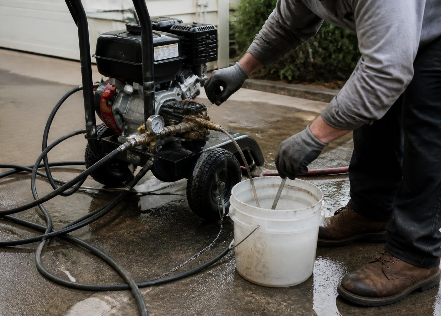 Technician preparing cleaning solution and pressure washer equipment